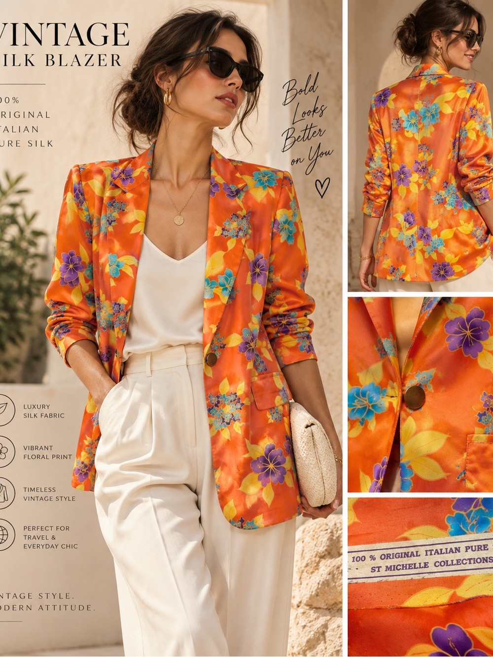 Vintage 100% Italian Pure Silk Floral Blazer Orange Jacket